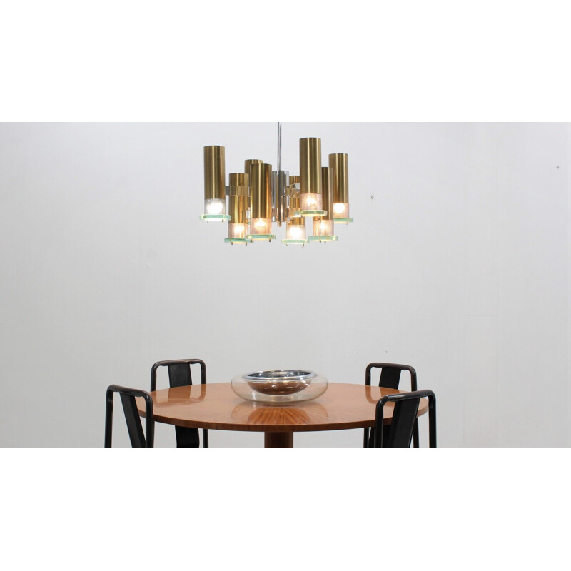 Sciolari chrome brass and glass chandelier 1970