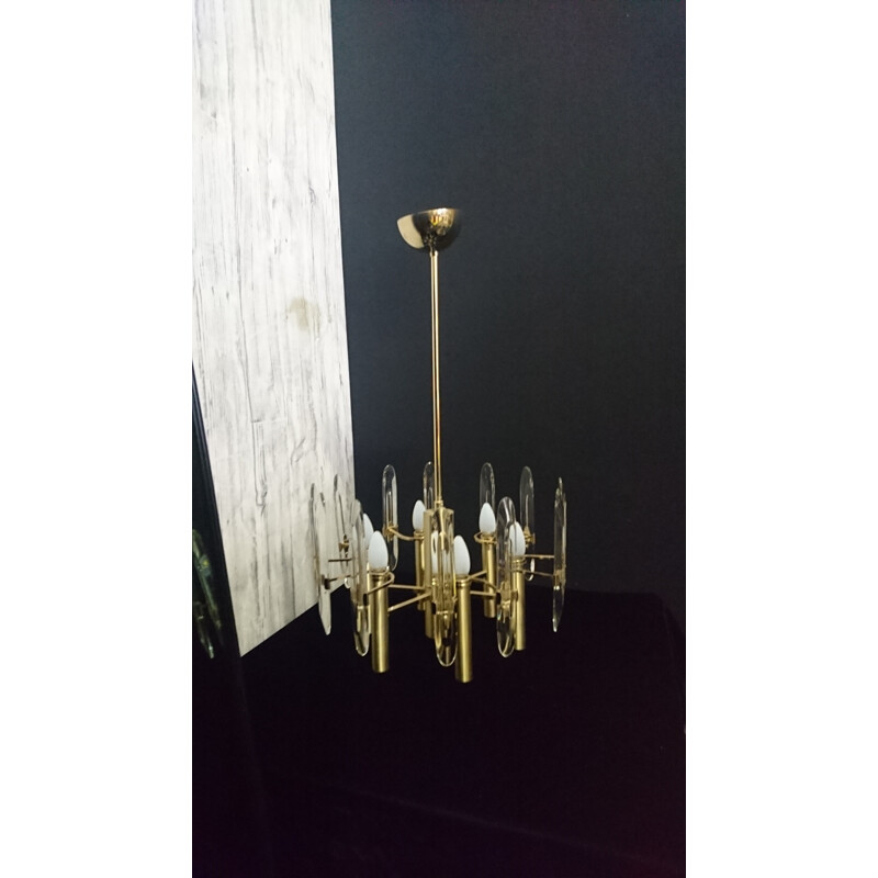 Set of 1 chandelier and 3 wall lamps in brass and crystal, Gaetano SCIOLARI - 1969