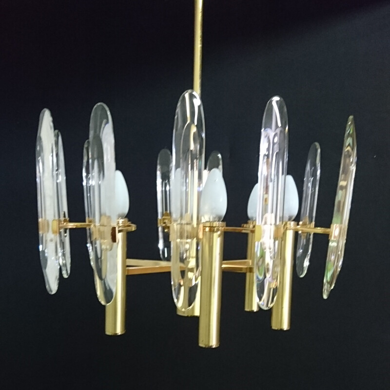 Ensemble d'un lustre et de 3 appliques en laiton et cristal, Gaetano SCIOLARI - 1969