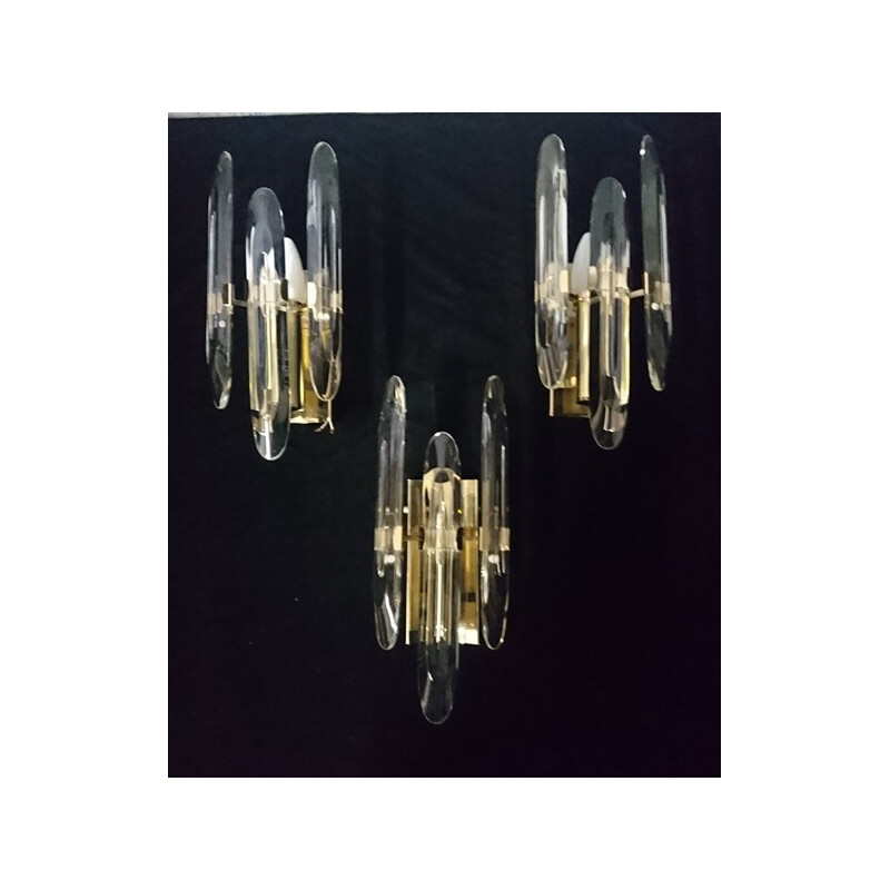 Set of 1 chandelier and 3 wall lamps in brass and crystal, Gaetano SCIOLARI - 1969