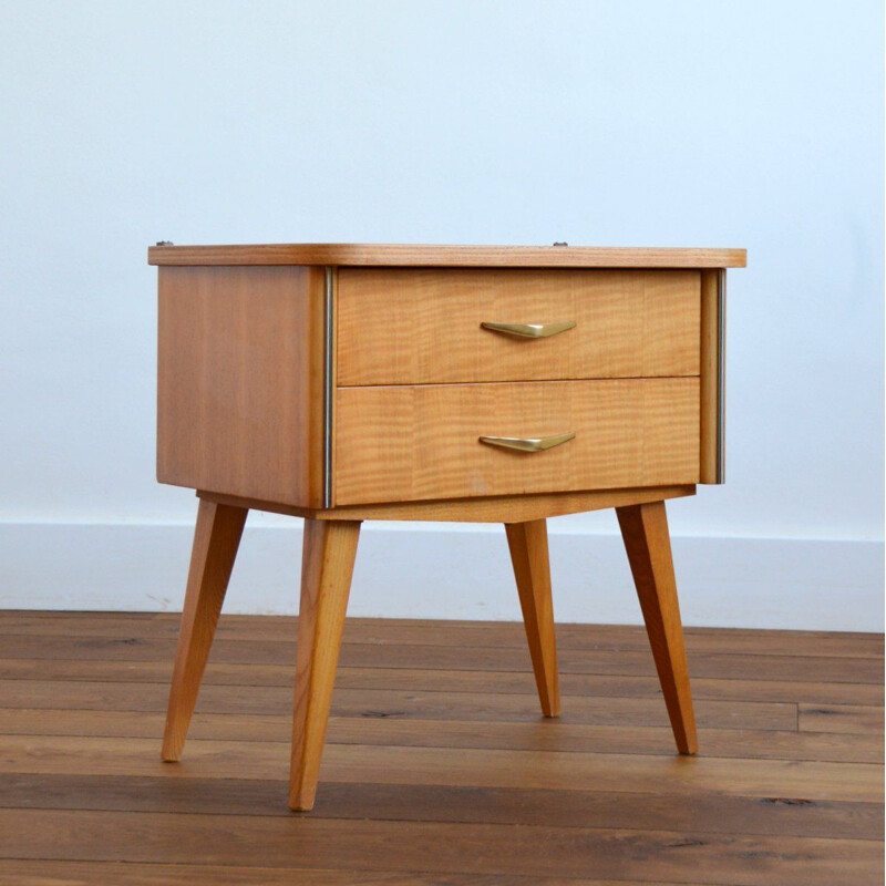 Vintage bedside table with compass feet in blond varnished wood 1960