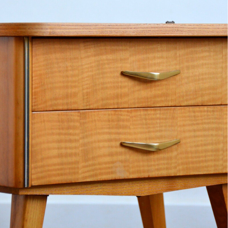 Vintage bedside table with compass feet in blond varnished wood 1960