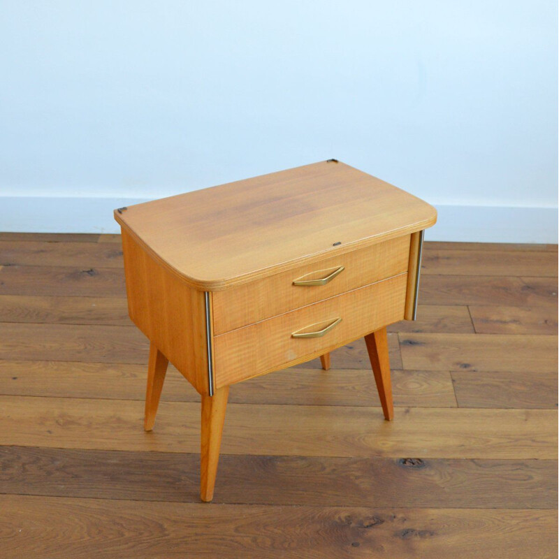 Table de Chevet vintage pieds compas Bois blond vernis 1960