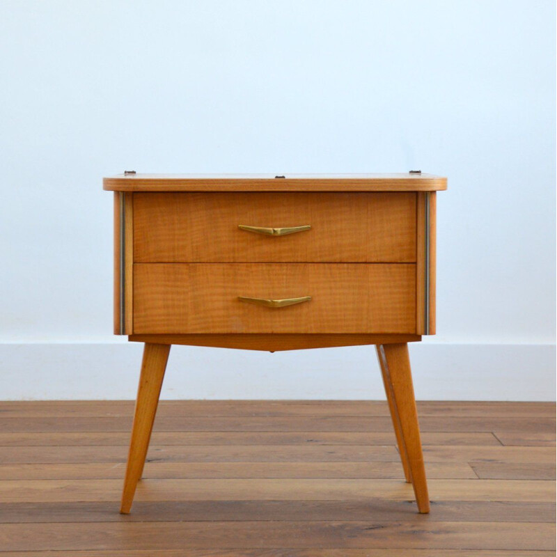 Table de Chevet vintage pieds compas Bois blond vernis 1960