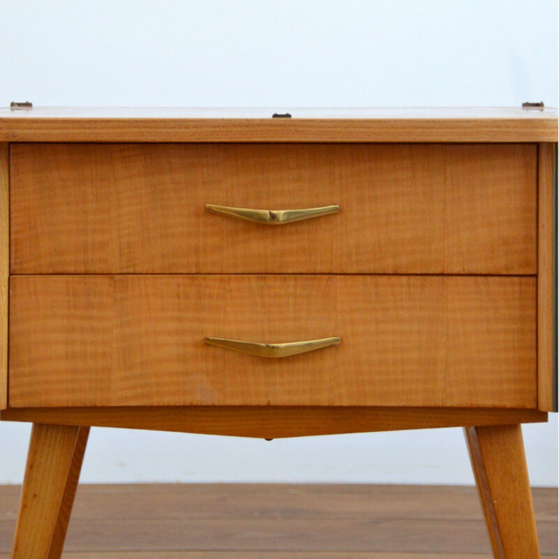 Vintage bedside table with compass feet in blond varnished wood 1960