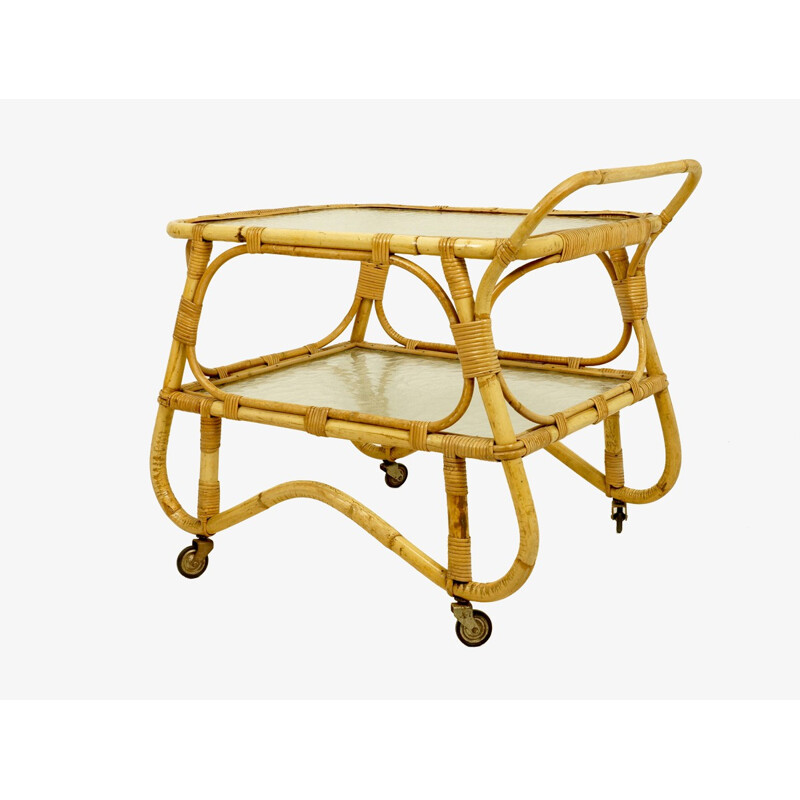 Rohe Noordwolde kitchen trolley in rattan and glass trays - 1960s