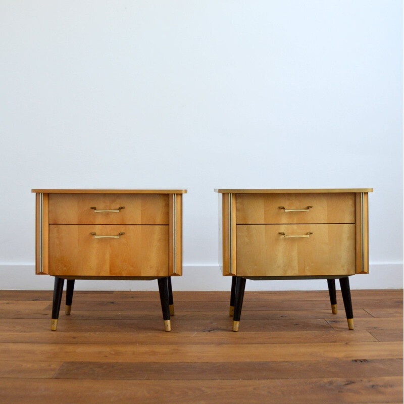 Pair of vintage bedside tables with blond veneer lacquered varnish 1960