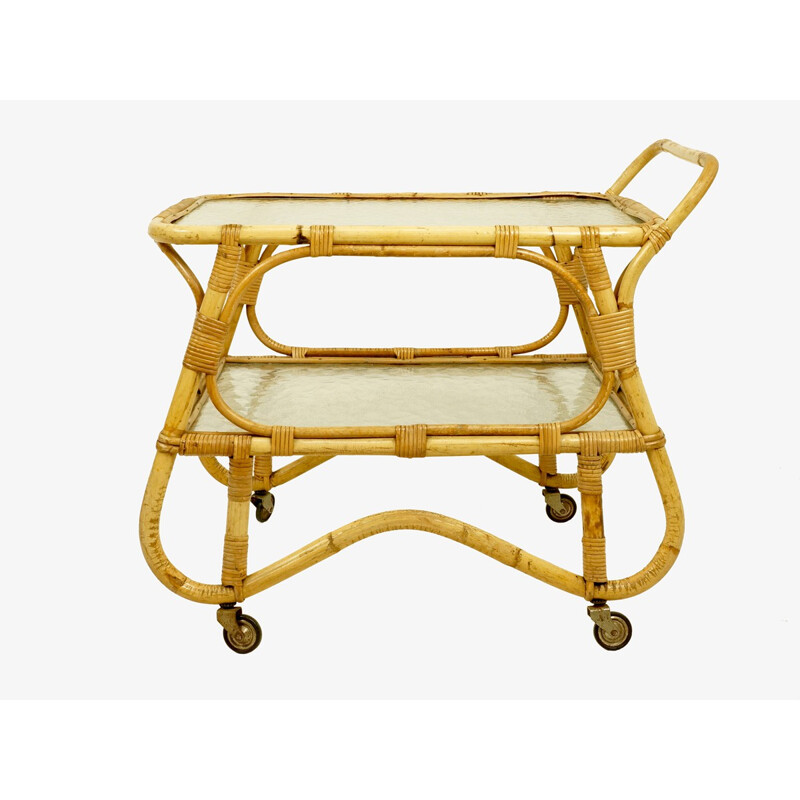 Rohe Noordwolde kitchen trolley in rattan and glass trays - 1960s