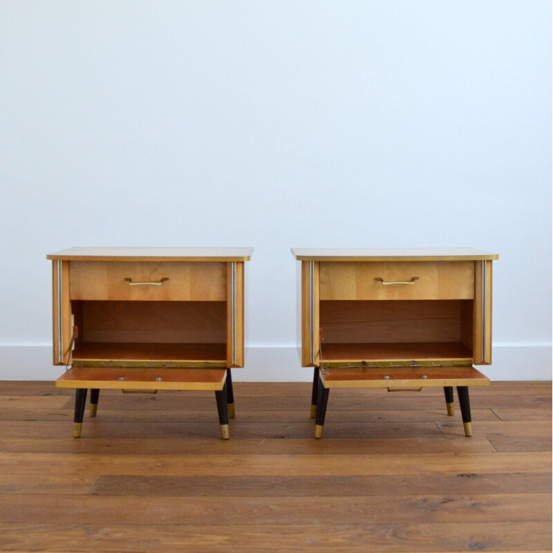 Pair of vintage bedside tables with blond veneer lacquered varnish 1960