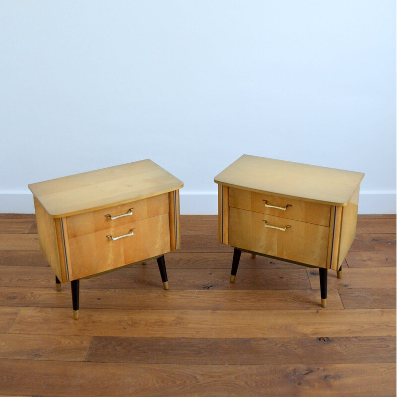 Pair of vintage bedside tables with blond veneer lacquered varnish 1960