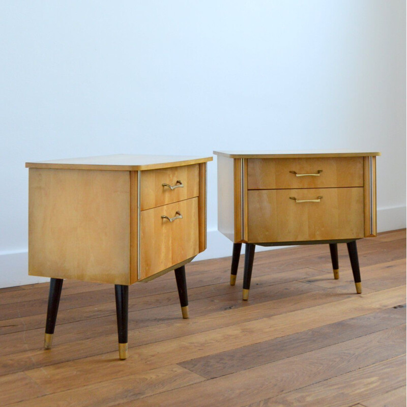 Pair of vintage bedside tables with blond veneer lacquered varnish 1960