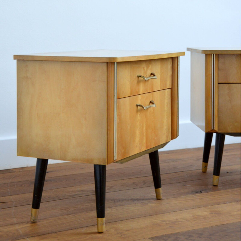 Pair of vintage bedside tables with blond veneer lacquered varnish 1960