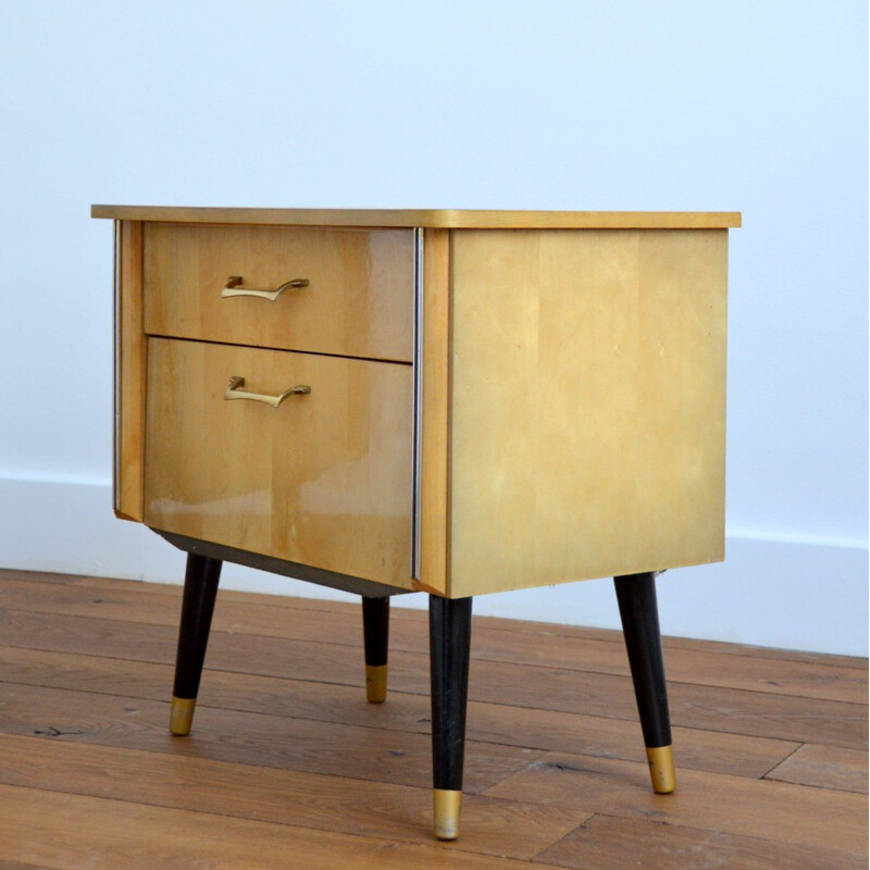 Pair of vintage bedside tables with blond veneer lacquered varnish 1960