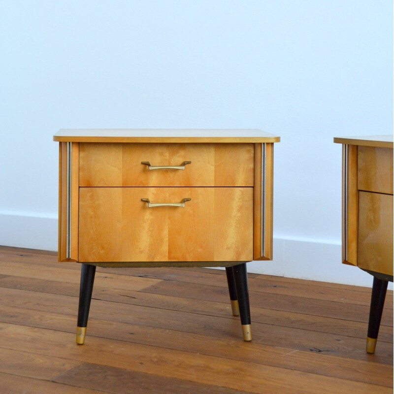 Pair of vintage bedside tables with blond veneer lacquered varnish 1960