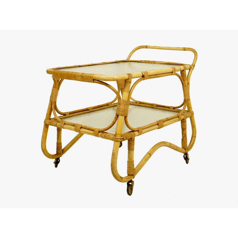 Rohe Noordwolde kitchen trolley in rattan and glass trays - 1960s