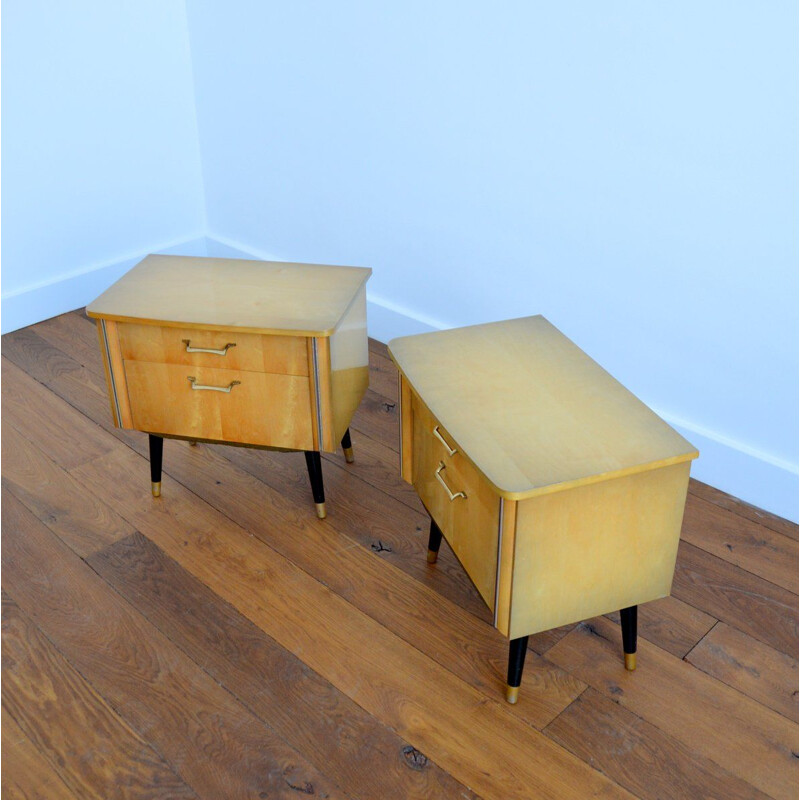 Pair of vintage bedside tables with blond veneer lacquered varnish 1960