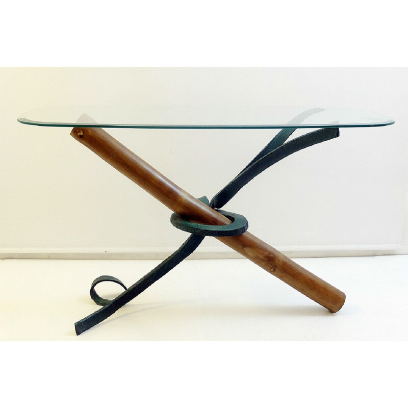 Bamboo and wrought iron console table mid century - Oval glass top