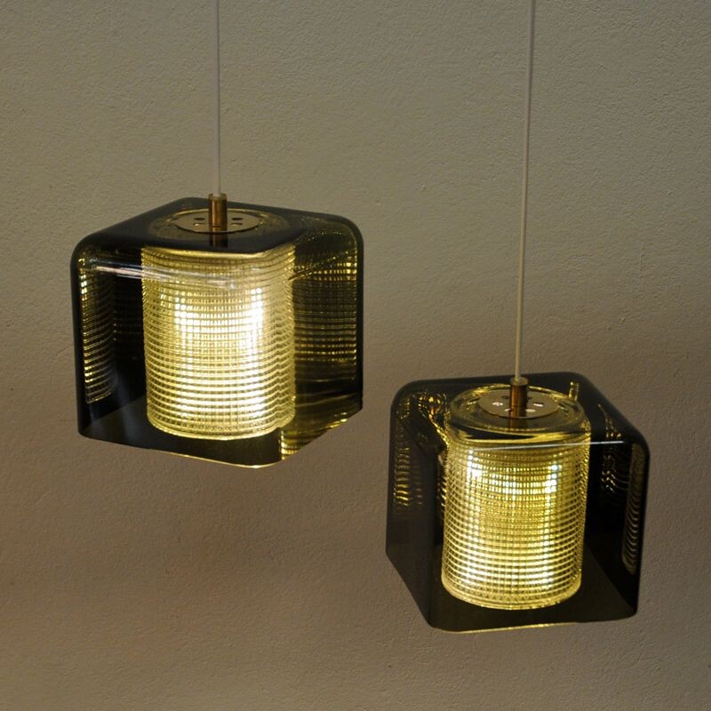 Ceiling or window pendant pair by Carl Fagerlund for Orrefors, mid century Sweden 1950s