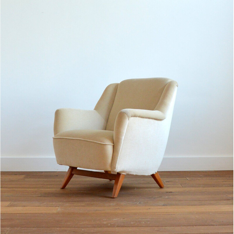 Fauteuil vintage Allemand forme coquille  cocktail en velours beige 1960 