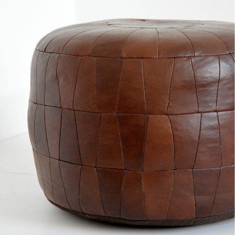 Vintage brown leather patchwork pouffe 1970s