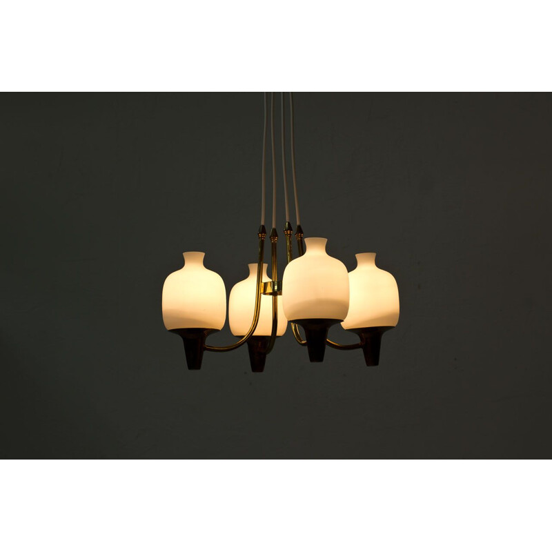 Swedish Pendant mid century in Brass & Opaline Glass