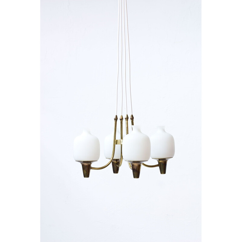 Swedish Pendant mid century in Brass & Opaline Glass