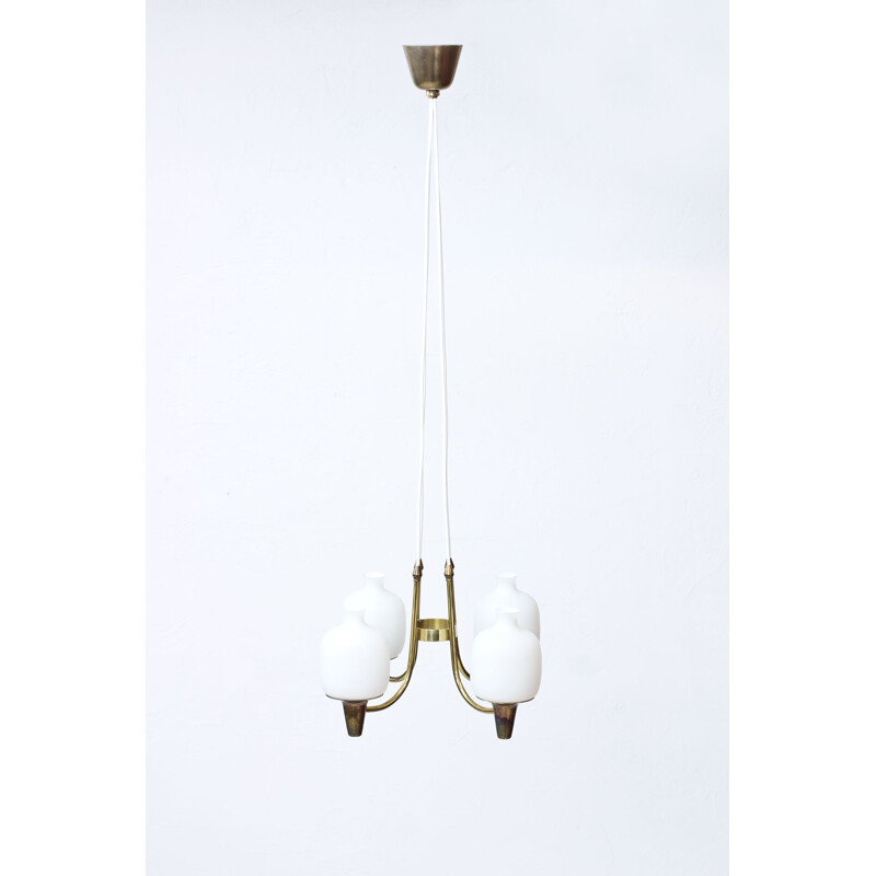 Swedish Pendant mid century in Brass & Opaline Glass