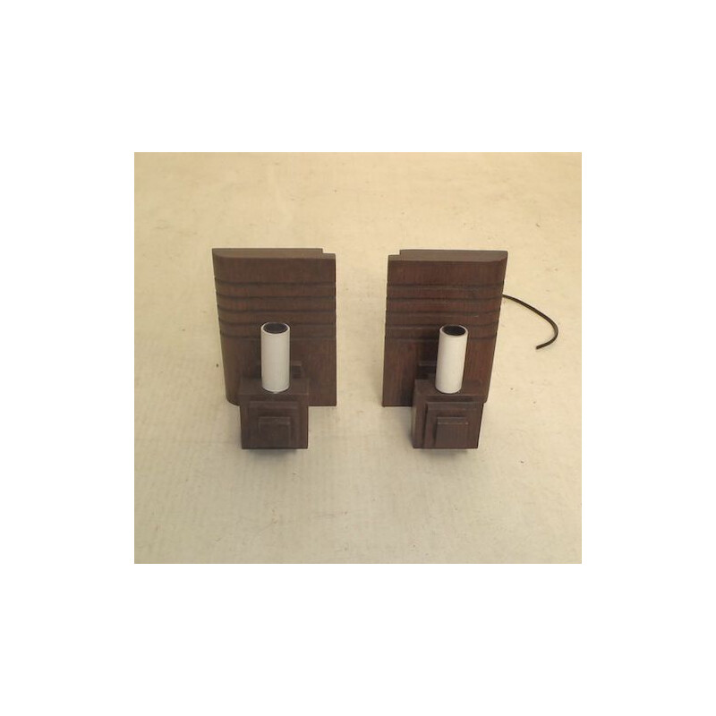 Pair of vintage solid oak sconces by Charles Dudouyt