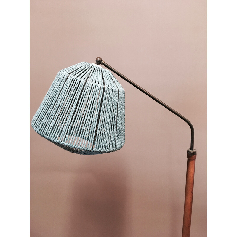 Vintage walnut and brass modular rope floor lamp Design 1950