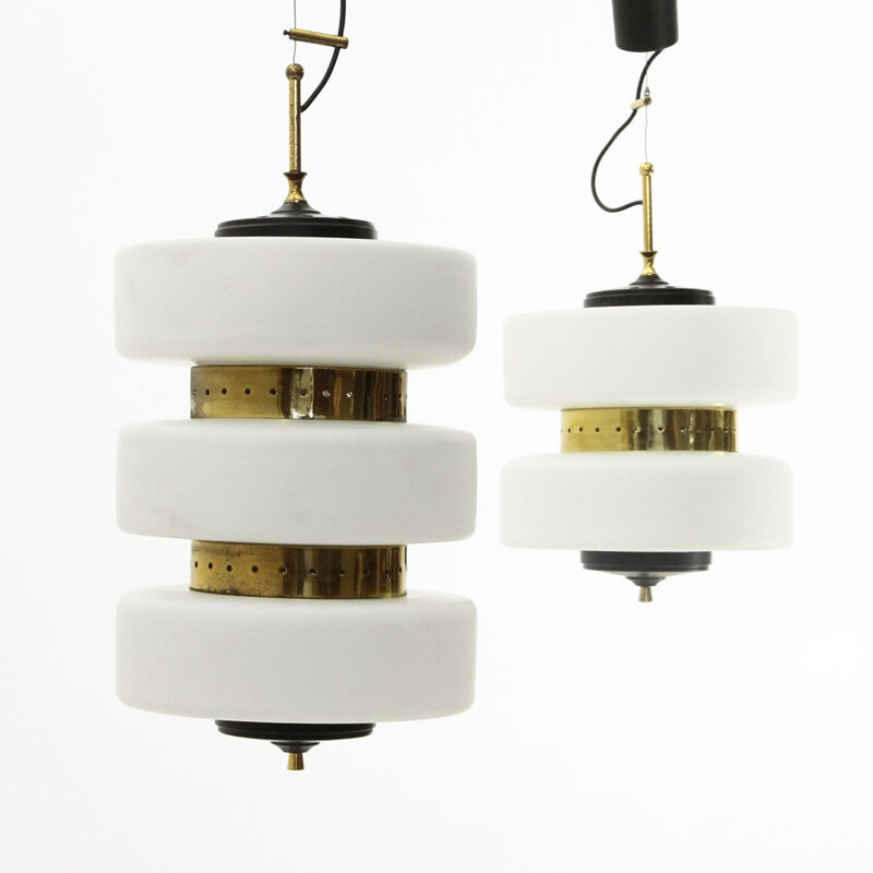 Pair of brass and opaline glass chandeliers, 1950s