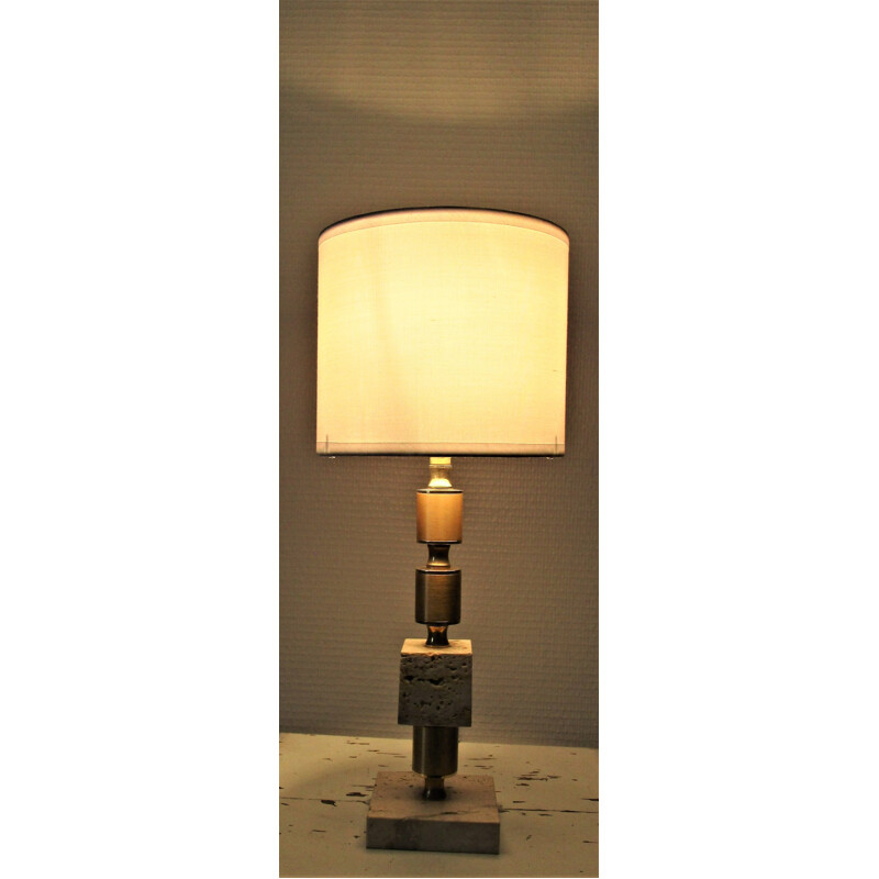 Lampe vintage en travertin et acier doré 1970