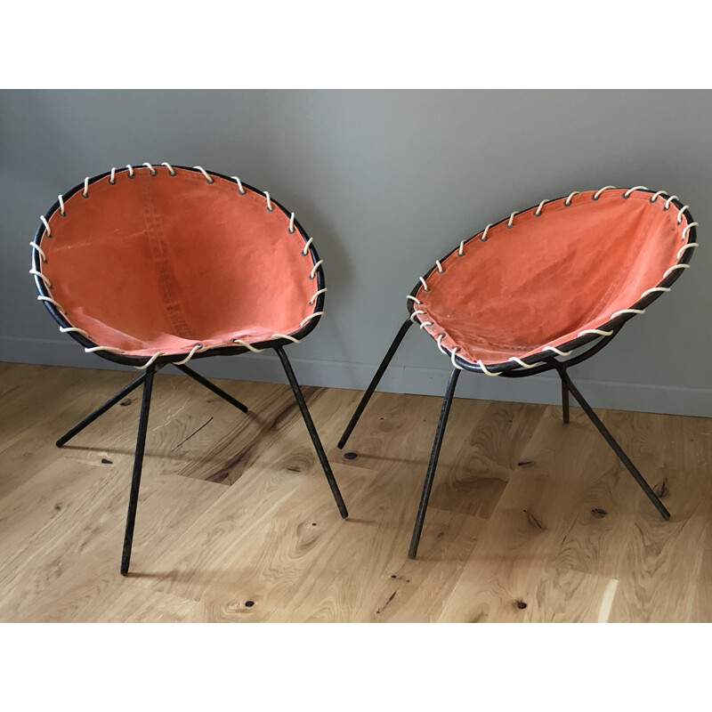 Pair of small 1950's vintage metal tubular armchairs