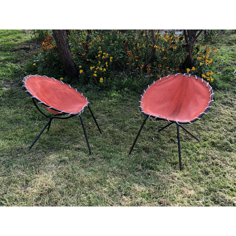 Pair of small 1950's vintage metal tubular armchairs