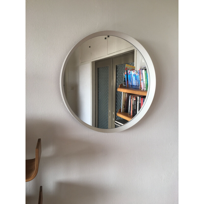 Specchio vintage rotondo scandinavo bianco, 1960