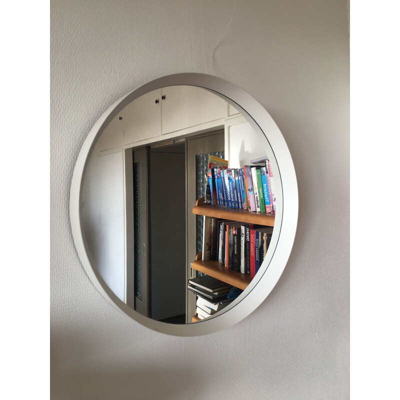Specchio vintage rotondo scandinavo bianco, 1960