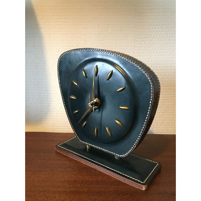 Table or Desk Clock Mid-Century Stitched Leather by Jacques Adnet 1950