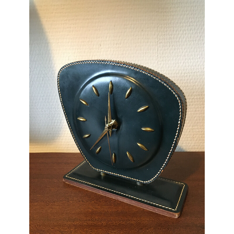 Table or Desk Clock Mid-Century Stitched Leather by Jacques Adnet 1950