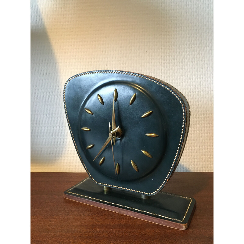 Table or Desk Clock Mid-Century Stitched Leather by Jacques Adnet 1950