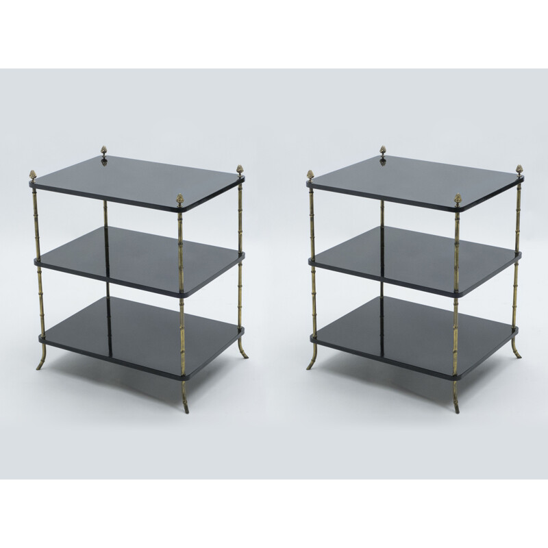 Pair of black lacquered and brass end tables by Maison Baguès 1950