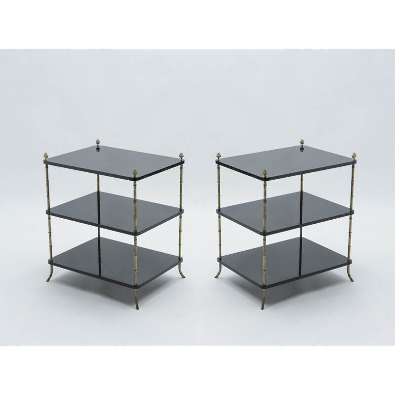 Pair of black lacquered and brass end tables by Maison Baguès 1950