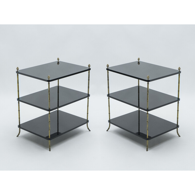 Pair of black lacquered and brass end tables by Maison Baguès 1950