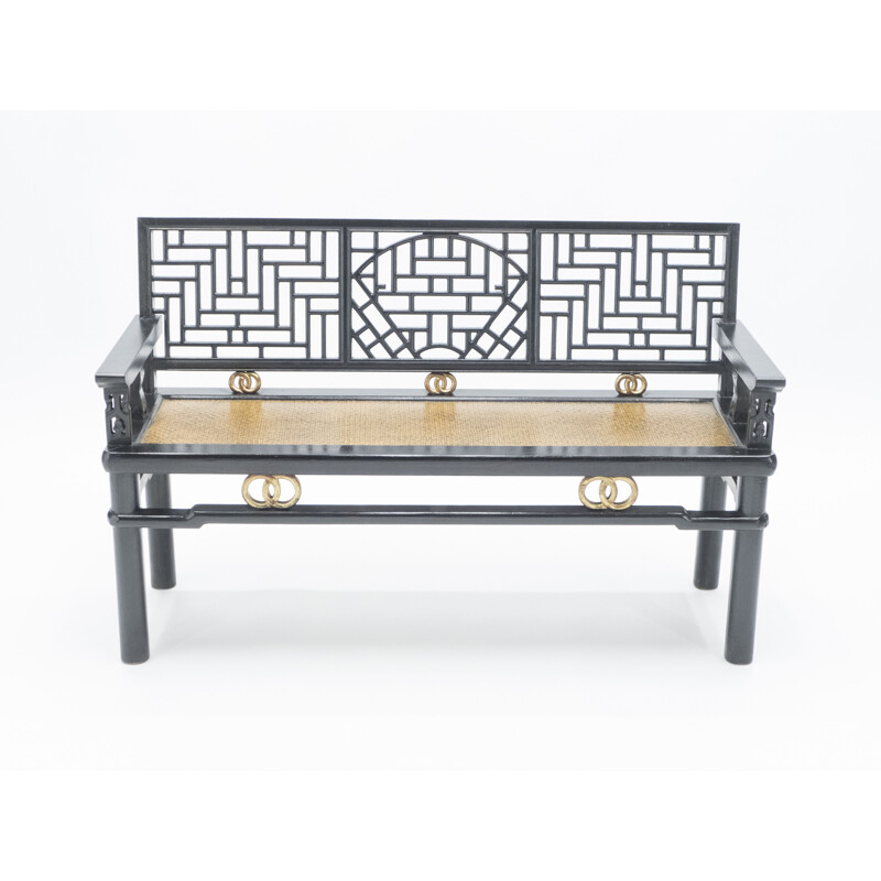 Vintage Chinese bench in black lacquered wood and gold 1900's