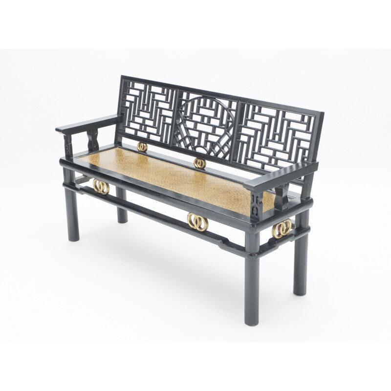 Banc chinois vintage bois laqué noir et dorure 1900