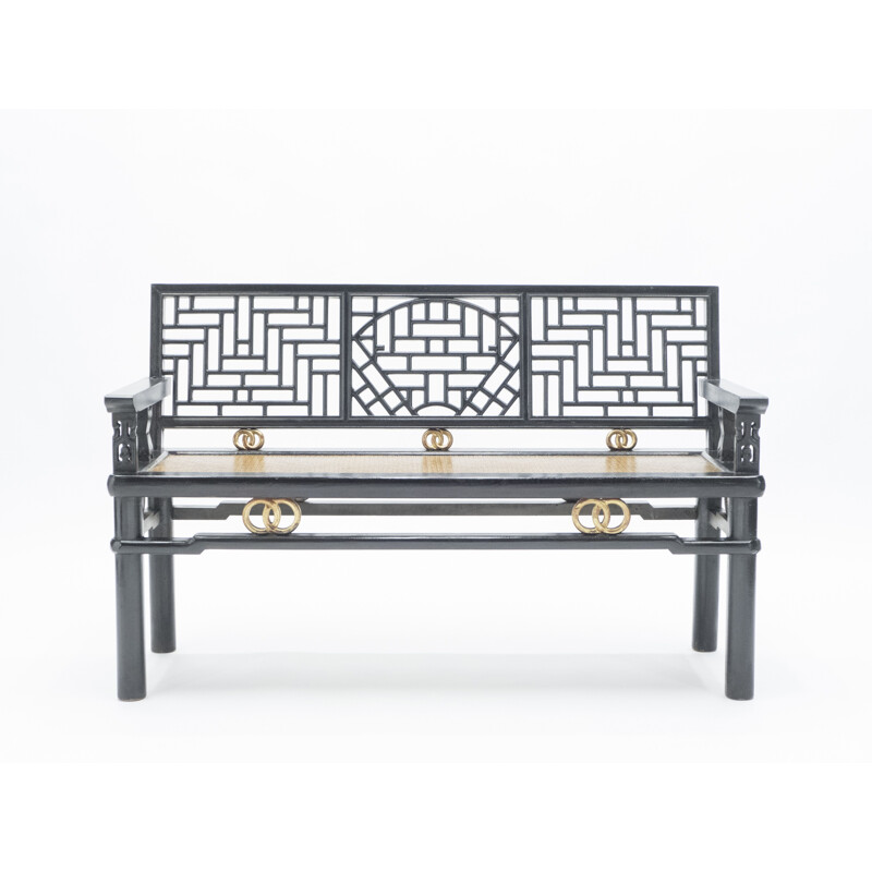 Vintage Chinese bench in black lacquered wood and gold 1900's