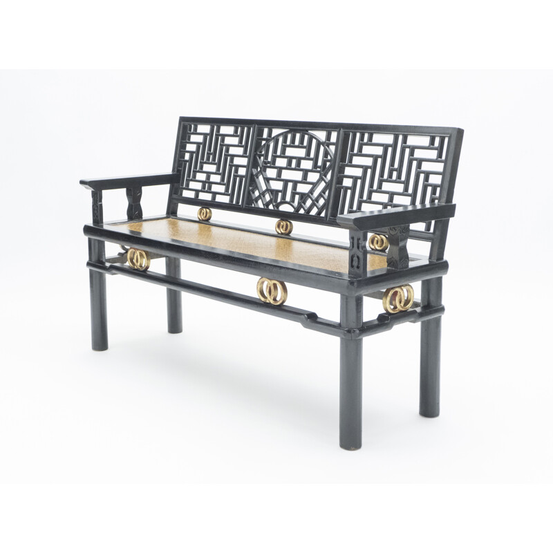 Vintage Chinese bench in black lacquered wood and gold 1900's