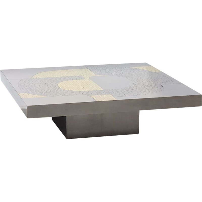 Vintage mosaic coffee table inlaid with steel and brass by Jean Claude Dresse