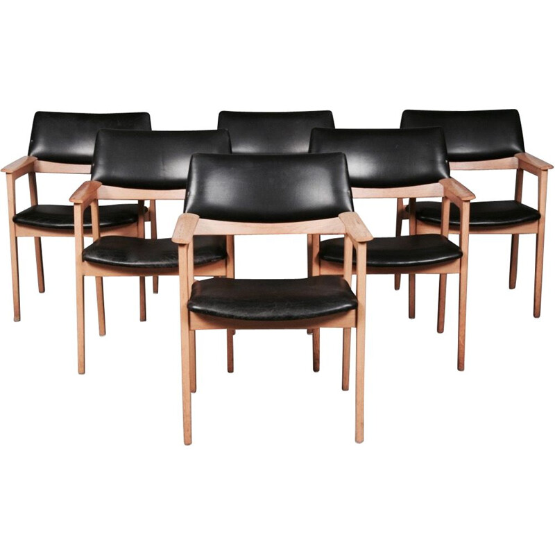 Ensemble de 6 chaises vintage accoudoirs cuir noir Design scandinave 1950