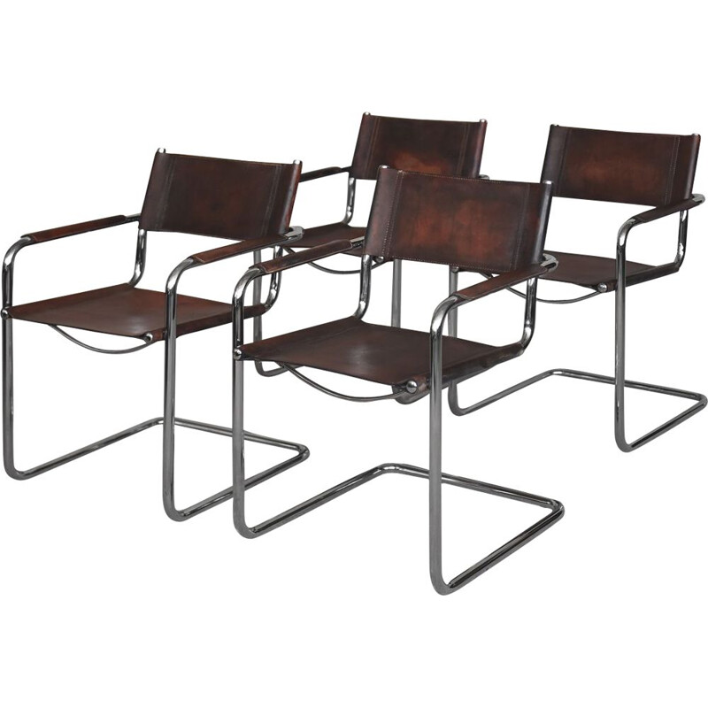 Set van 4 vintage stoelen in dik gepatineerd leer van Centro Studi voor Matteo Grassi, Italië 1960