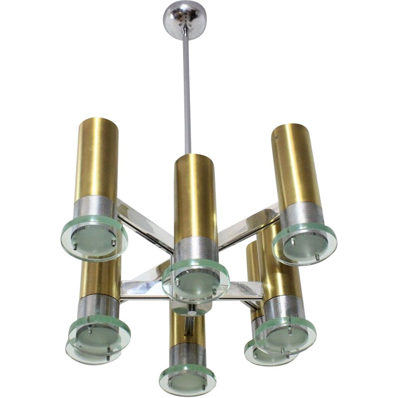 Sciolari chrome brass and glass chandelier 1970