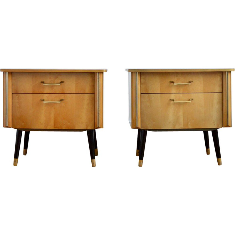 Pair of vintage bedside tables with blond veneer lacquered varnish 1960